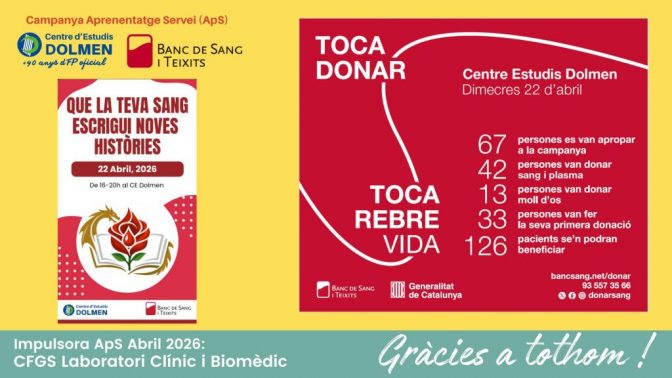 Agraïment campanya donació sang abril 2026 a CE DOLMEN amb BST